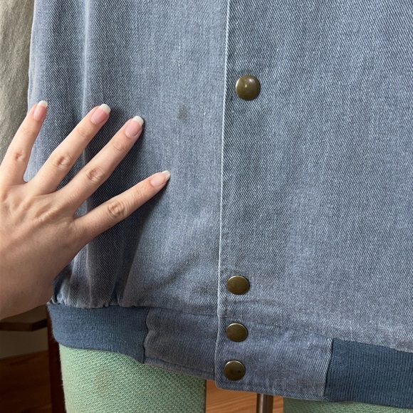 Vintage 90s Denim Bomber Racing Varsity Jacket Beige Sleeves Snap Buttons Retro - Picture 7 of 13
